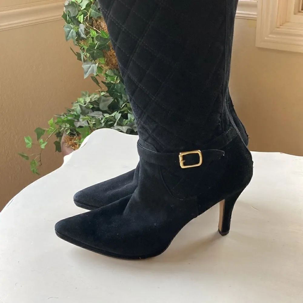 Adrienne Vittadini Quilted Suede Leather Full Zip Black Heeled Boots Size 8